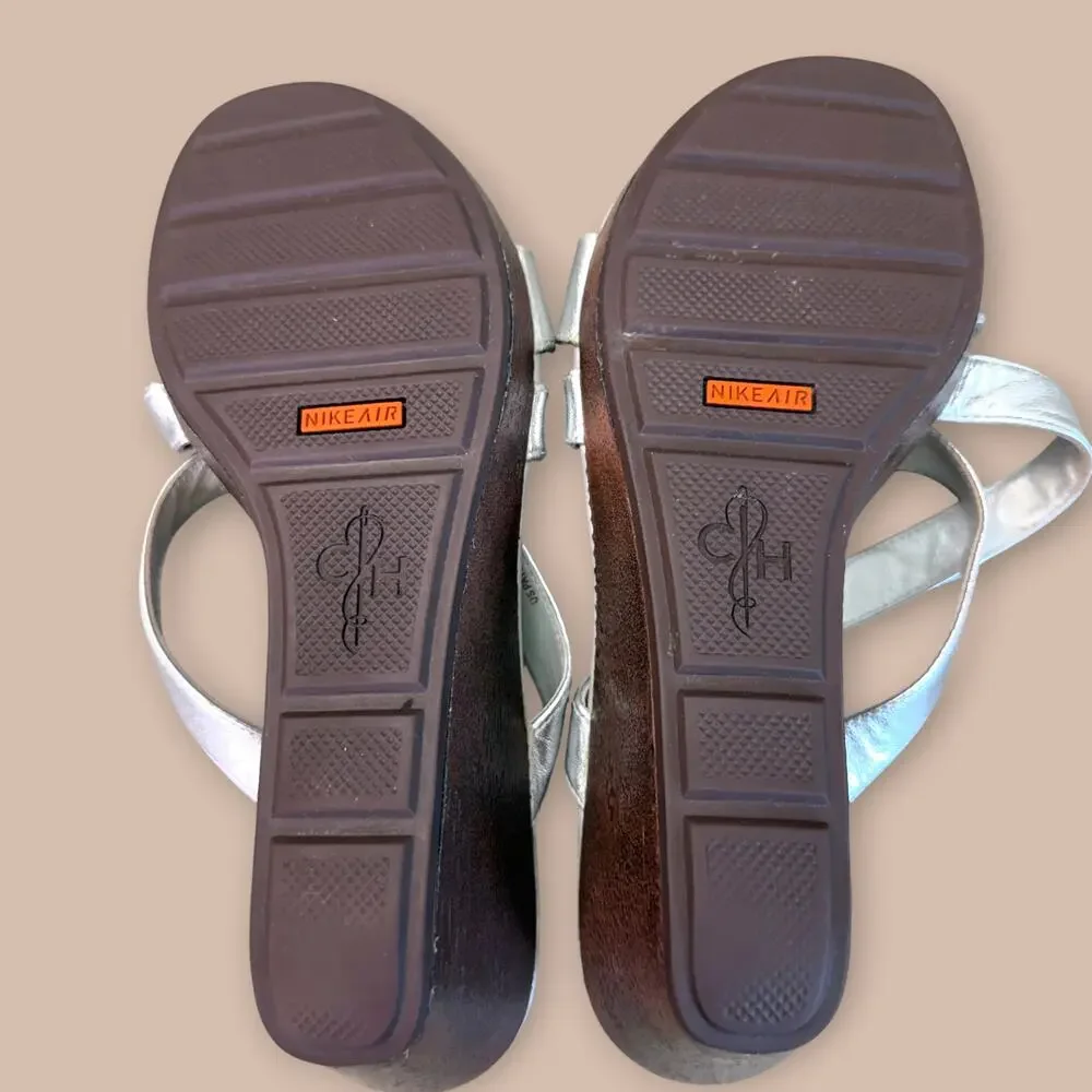 Cole Haan Nike Air Leather Wedge Thong Sandals Slip On Womens Size 6.5B Silver